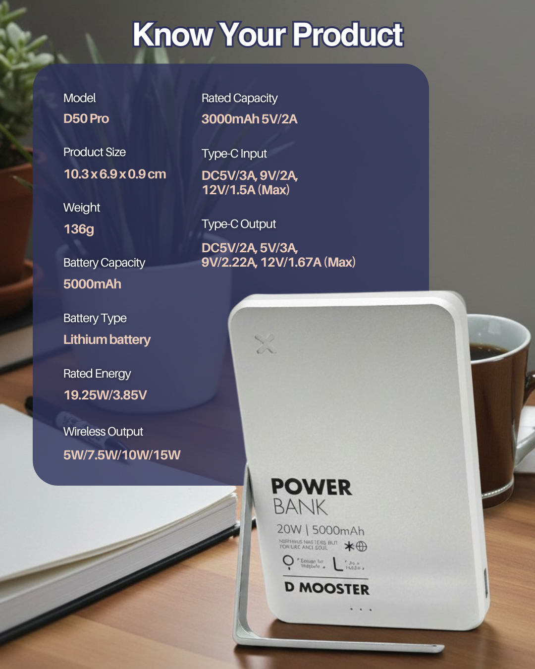 D50 Pro UltraThin Phonestand 5,000mAh Powerbank