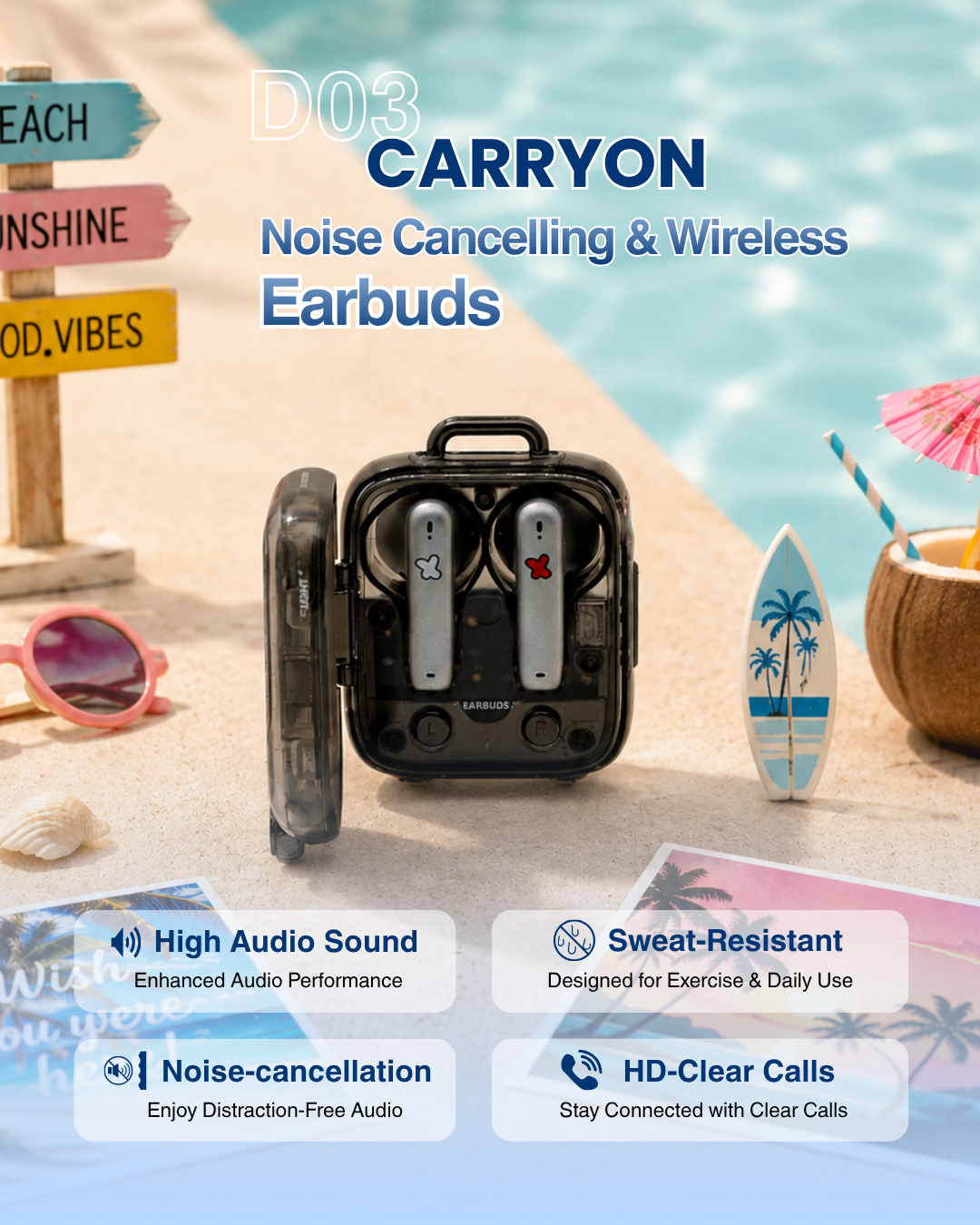 D03 CARRYON Noise Cancelling & Wireless Earbuds